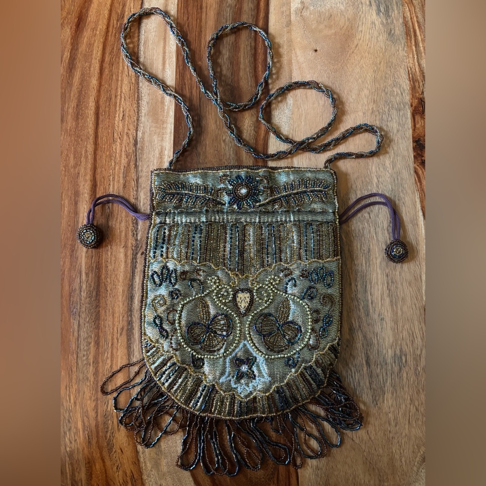 Brown and Gold Clutch with Fringe and Embroidery